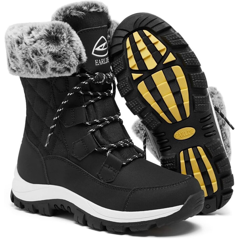 Women’s Black Waterproof Snow Boots Mid-Calf Faux Fur Lined Non-Slip